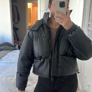 TopShop Cropped Black Leather Puffer Jacket - 6